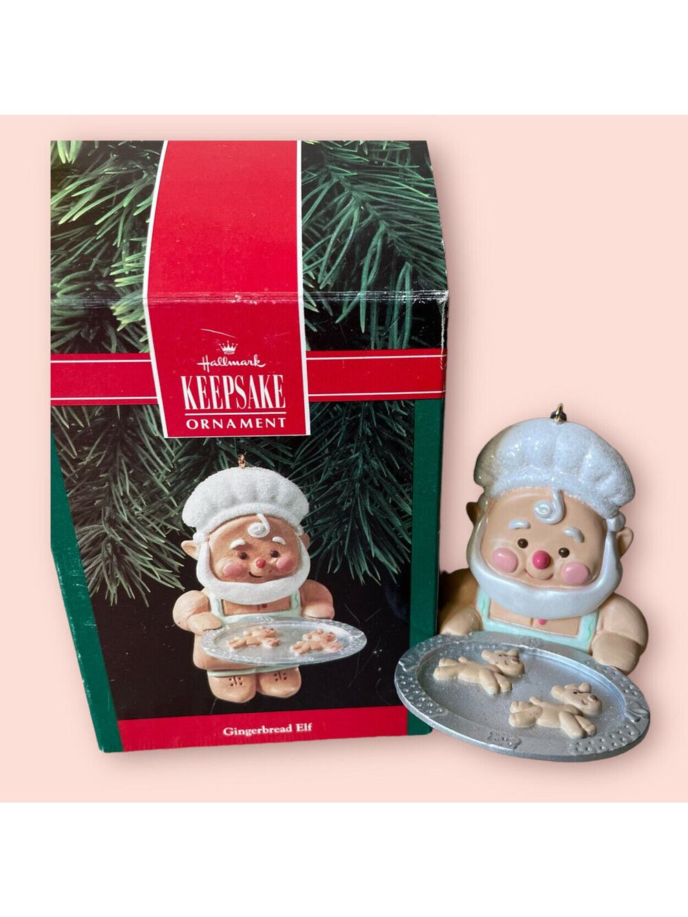 Vintage ‘90 Hallmark Christmas Ornament GINGERBREAD ELF Tray of Cookies & Box